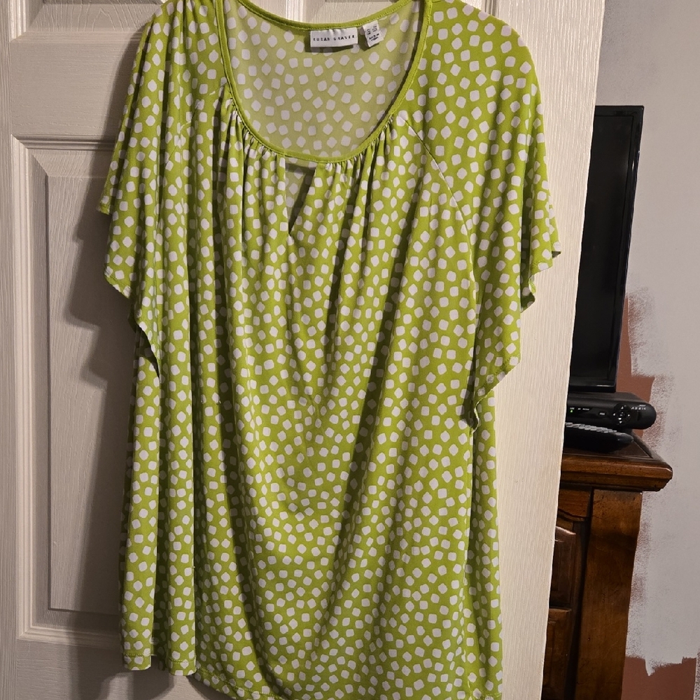 Susan Graver Lime Green Poka Dot Scoop Neck Top